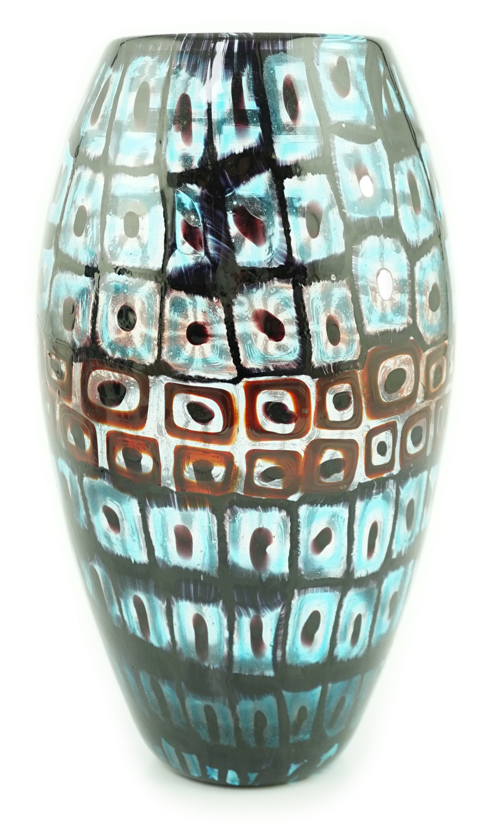 Vittorio Ferro (1932-2012) A Murano glass Murrine vase, ovoid shaped, with bands of squares in blue and red, unsigned, 29cm, Please note this lot attracts an additional import tax of 20% on the hammer price